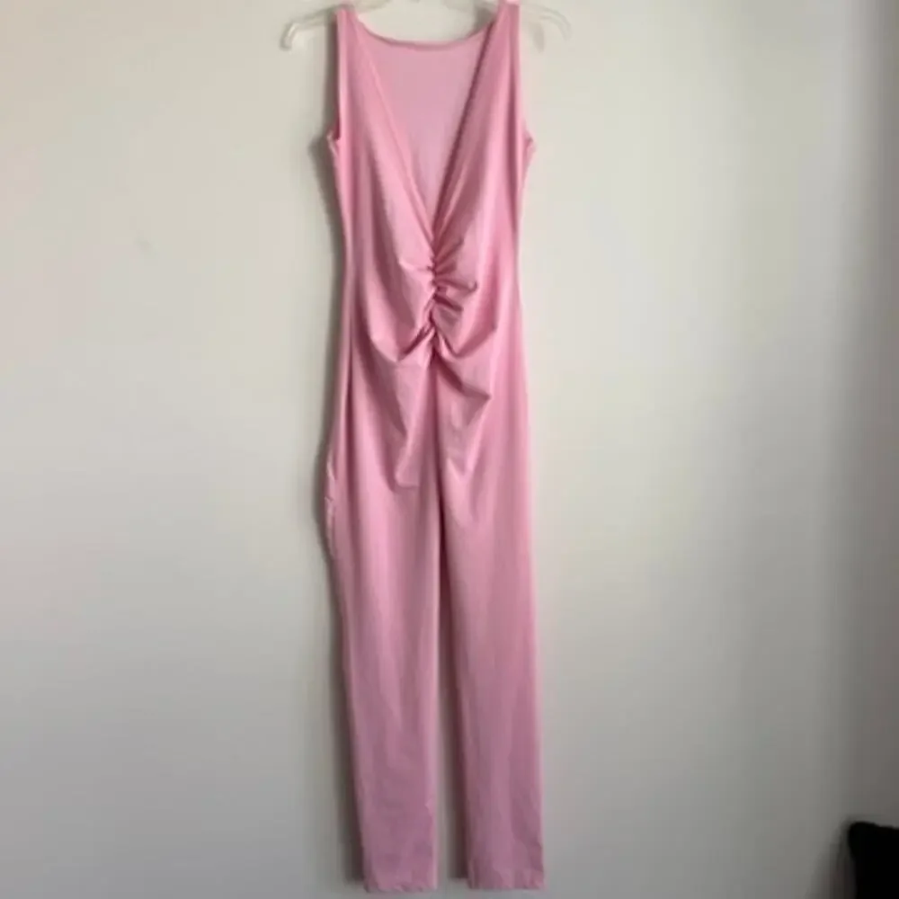 PRETTYLITTLETHING Baby Pink Sleeveless Activewear Ruched Butt Jumpsuit Size 10